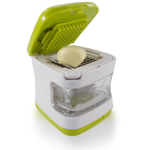 Garlic Press  Very Sharp Stainless Steel Blades, Inbuilt Clear Plastic Tray, Green