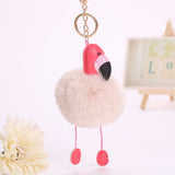 Jewdy Cute pompom keychain flamingo key chain fluffy fake rabbit fur ball women car bag pompon key ring pom pom holder Christmas
