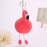 Jewdy Cute pompom keychain flamingo key chain fluffy fake rabbit fur ball women car bag pompon key ring pom pom holder Christmas