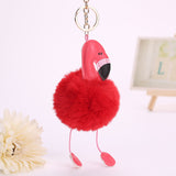 Jewdy Cute pompom keychain flamingo key chain fluffy fake rabbit fur ball women car bag pompon key ring pom pom holder Christmas