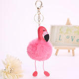 Jewdy Cute pompom keychain flamingo key chain fluffy fake rabbit fur ball women car bag pompon key ring pom pom holder Christmas