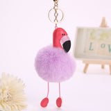 Jewdy Cute pompom keychain flamingo key chain fluffy fake rabbit fur ball women car bag pompon key ring pom pom holder Christmas