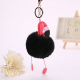 Jewdy Cute pompom keychain flamingo key chain fluffy fake rabbit fur ball women car bag pompon key ring pom pom holder Christmas