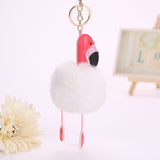 Jewdy Cute pompom keychain flamingo key chain fluffy fake rabbit fur ball women car bag pompon key ring pom pom holder Christmas