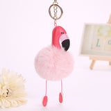 Jewdy Cute pompom keychain flamingo key chain fluffy fake rabbit fur ball women car bag pompon key ring pom pom holder Christmas