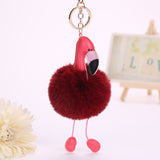 Jewdy Cute pompom keychain flamingo key chain fluffy fake rabbit fur ball women car bag pompon key ring pom pom holder Christmas
