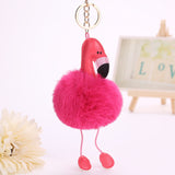 Jewdy Cute pompom keychain flamingo key chain fluffy fake rabbit fur ball women car bag pompon key ring pom pom holder Christmas