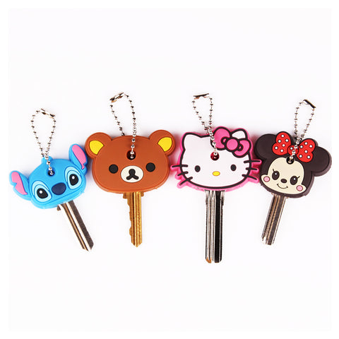 Anime Silicone Key Cap Cat Minion Key Chain Women Bag Charm Key Holder Mickey Key Ring Owl Keychain Hello Kitty Stitch Key Cover