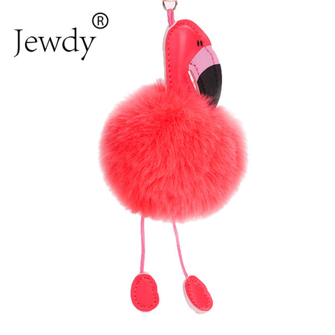 Jewdy Cute pompom keychain flamingo key chain fluffy fake rabbit fur ball women car bag pompon key ring pom pom holder Christmas